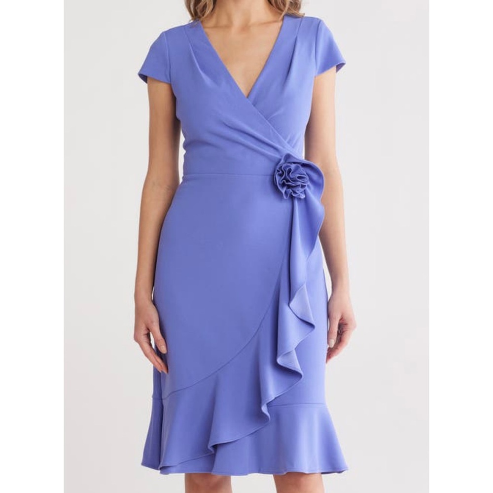 London Times Rosette Ruffle Cap Sleeve A-Line Dress Periwinkle Spring Summer 14P